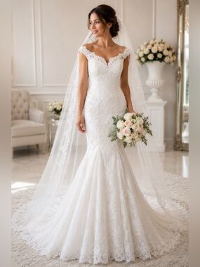 Royal Queen Collection Size 6 Beaded Lace Mermaid Wedding Dress with Veil